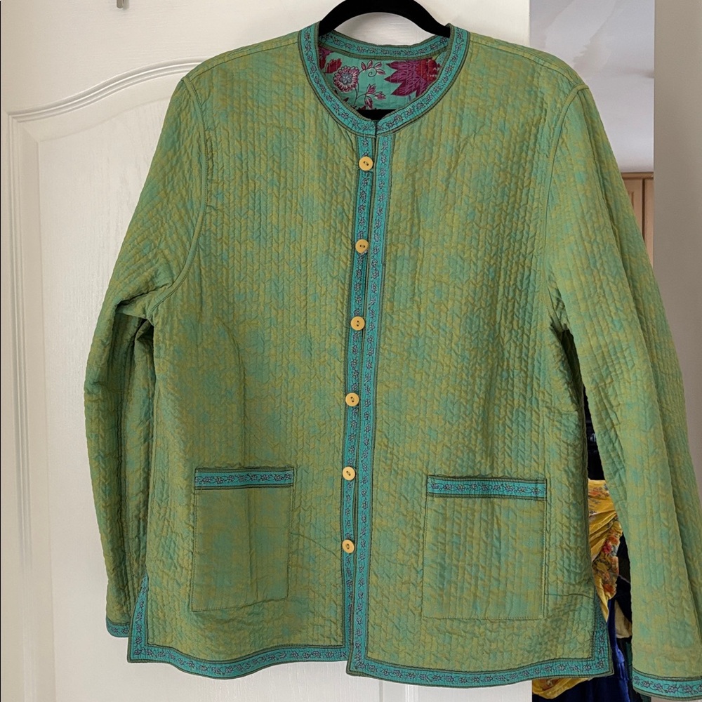 Provence d amour Turquoise Floral Paisley Quilted Reversible Jacket-XL